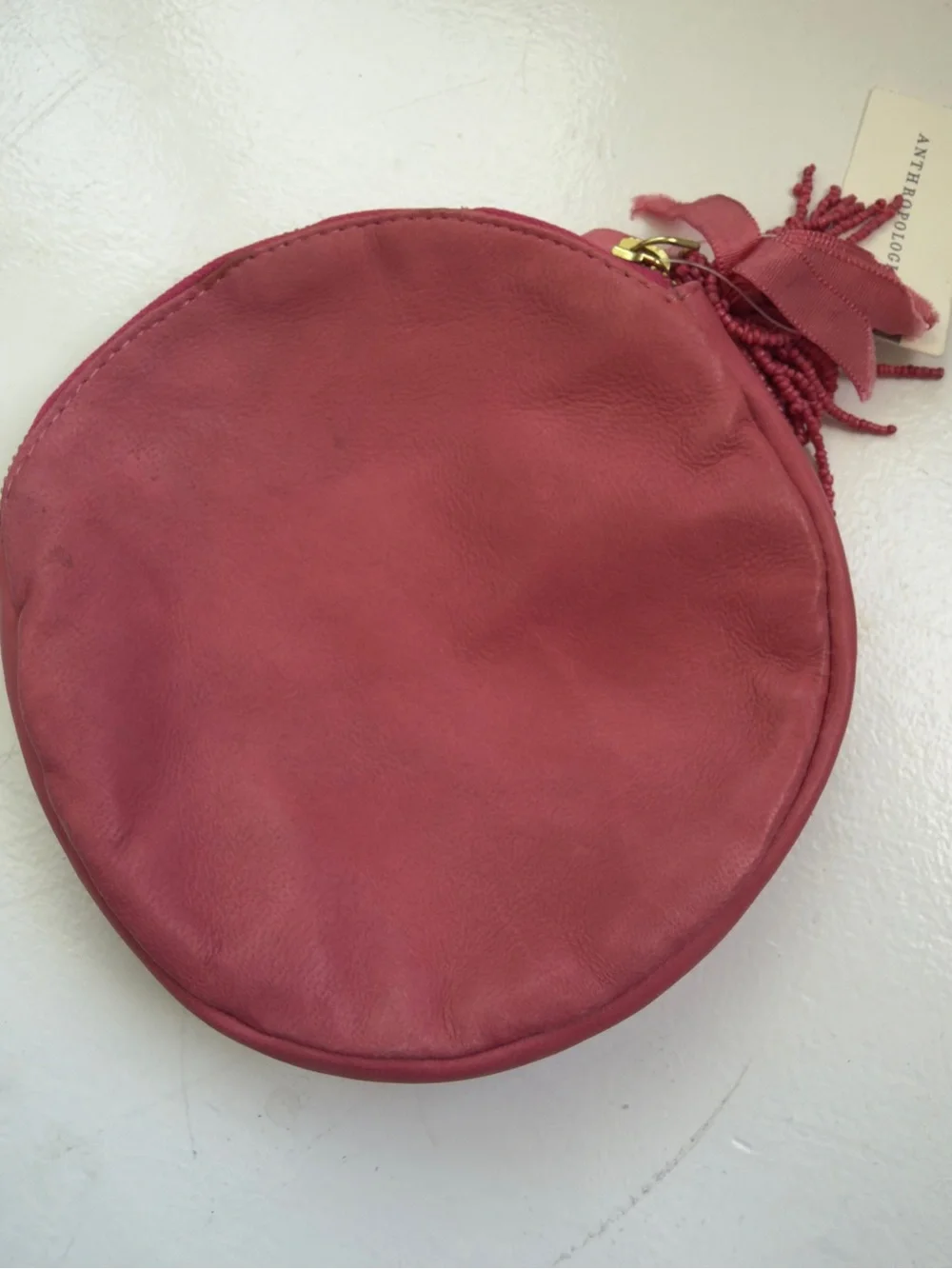 Anthropologie Pink Beaded Floral 'A' Round leather Pouch